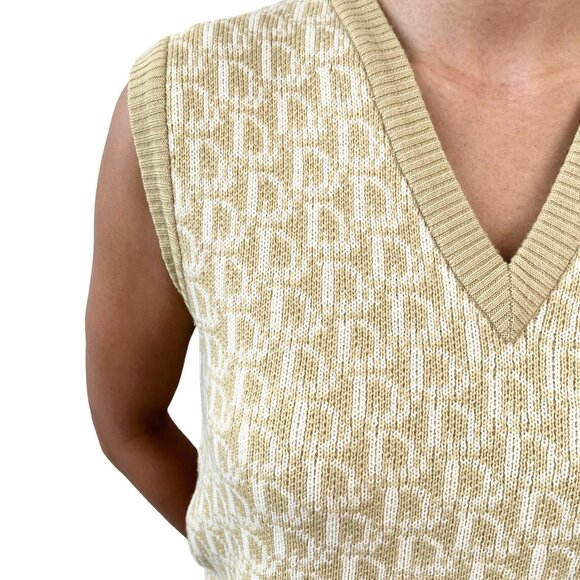 Christian Dior Vintage Logo Trotter Monogram Knit Vest #M Beige Wool [103477] - Picture 2 of 10